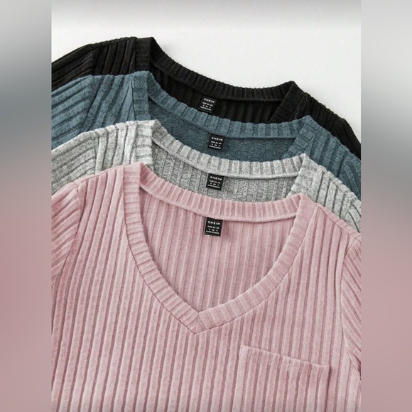 Ribbed V-Neck Short Sleeve Tops - Black, Gray, Blue, Pink - Picture 3 of 5